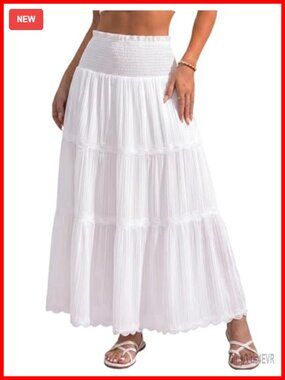 Womens Boho Flowy Maxi Skirt Elastic High Waisted A-Line Lace Hem